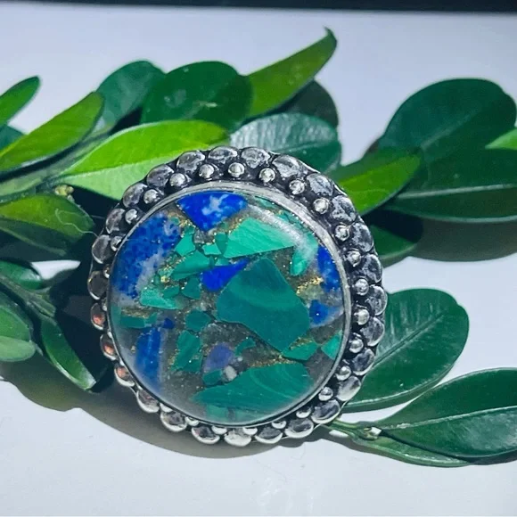 New Artisan Blue Green Natural Azurite Stone 925 Sterling Silver Circle Ring - Picture 7 of 15